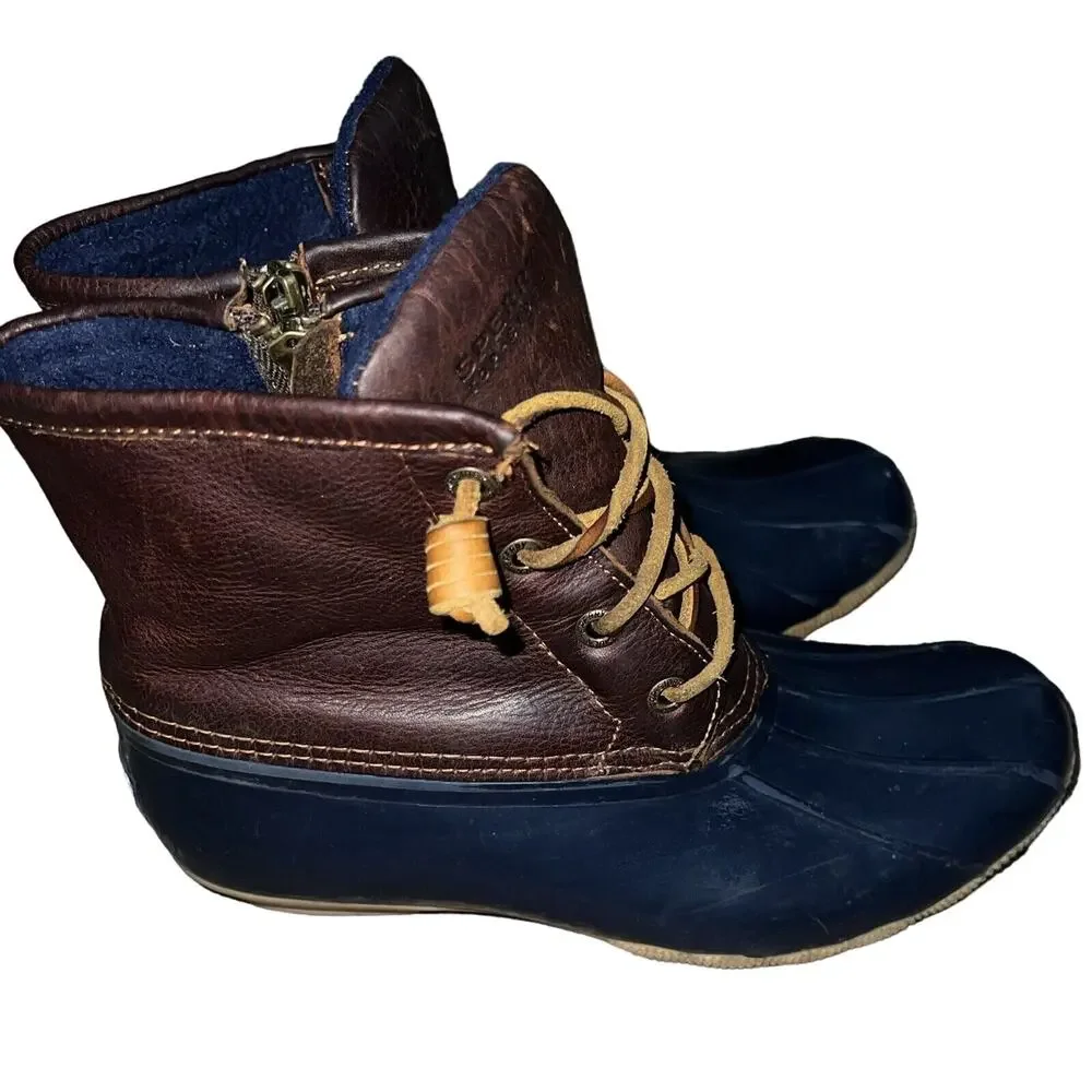 Sperry Duck Boots Womens 7 Saltwater Waterproof Sts91175 Blue Rubber Zip Lace Up